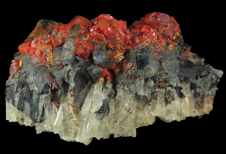 Realgar and Galena over Quartz from Mina Palomo, Castrovirreyna Province, Huancavelica Department, Peru