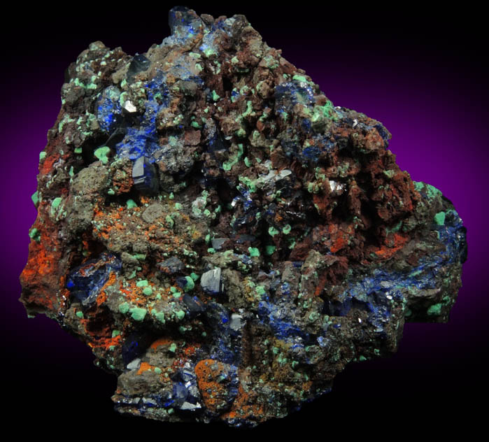 Azurite with Malachite pseudomorphs after Cuprite over Limonite from Copper Queen Mine, Bisbee, Warren District, Cochise County, Arizona