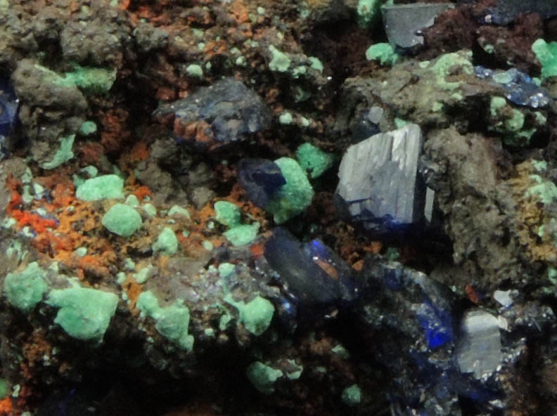 Azurite with Malachite pseudomorphs after Cuprite over Limonite from Copper Queen Mine, Bisbee, Warren District, Cochise County, Arizona