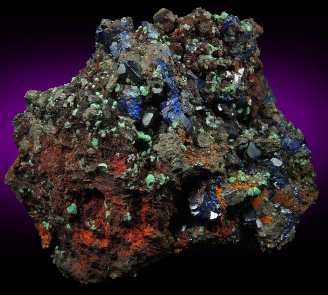 Azurite with Malachite pseudomorphs after Cuprite over Limonite from Copper Queen Mine, Bisbee, Warren District, Cochise County, Arizona