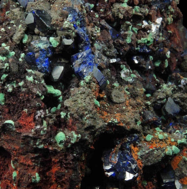 Azurite with Malachite pseudomorphs after Cuprite over Limonite from Copper Queen Mine, Bisbee, Warren District, Cochise County, Arizona