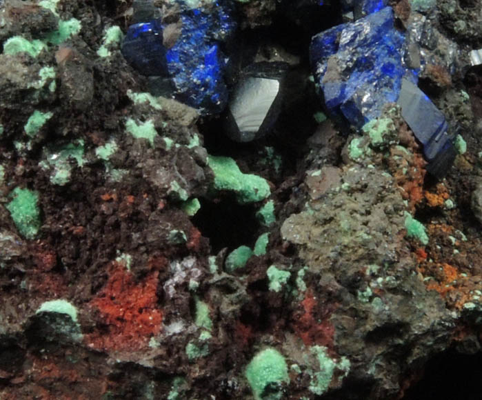 Azurite with Malachite pseudomorphs after Cuprite over Limonite from Copper Queen Mine, Bisbee, Warren District, Cochise County, Arizona