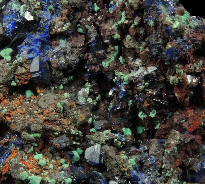 Azurite with Malachite pseudomorphs after Cuprite over Limonite from Copper Queen Mine, Bisbee, Warren District, Cochise County, Arizona