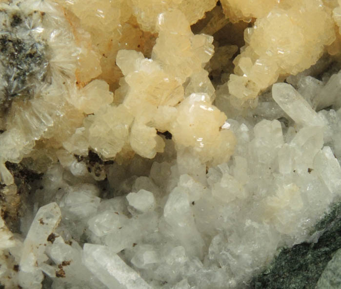 Stilbite on Quartz with Calcite from Summit Quarry, Union County, New Jersey