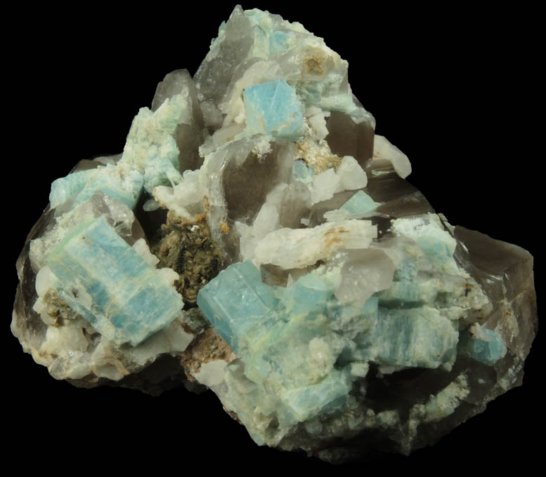 Beryl var. Aquamarine on Smoky Quartz from Mount Antero, Chaffee County, Colorado