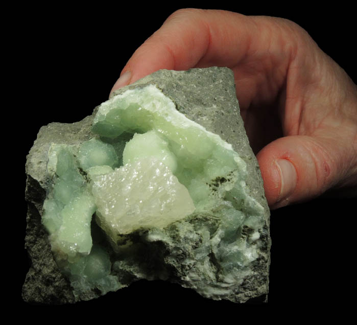 Calcite on Prehnite from O and G Industries Southbury Quarry, Southbury, New Haven County, Connecticut