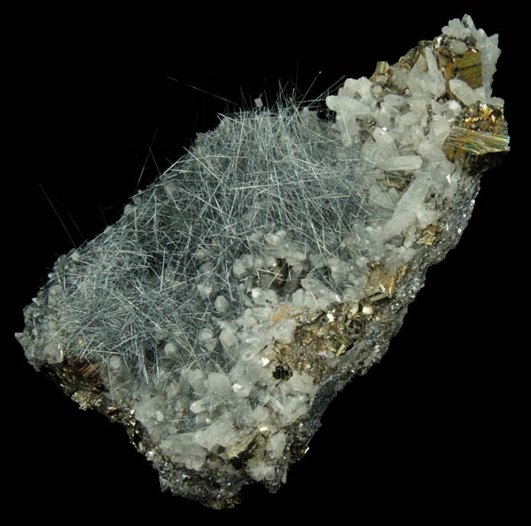 Jamesonite-Boulangerite on Quartz with Pyrite from Mina Noche Buena, Mazapil, Zacatecas, Mexico