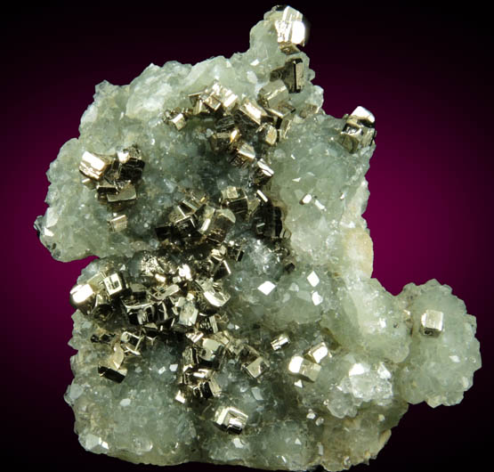 Pyrite and Apophyllite on Prehnite from Millington Quarry, Bernards Township, Somerset County, New Jersey