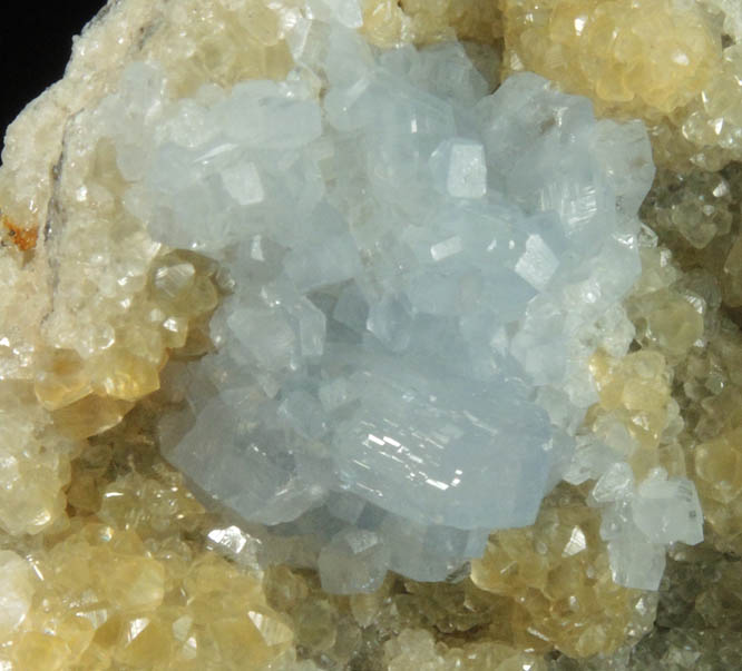 Celestine on Calcite from Meckley's Quarry, 1.2 km south of Mandata, Northumberland County, Pennsylvania