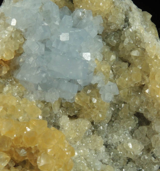 Celestine on Calcite from Meckley's Quarry, 1.2 km south of Mandata, Northumberland County, Pennsylvania