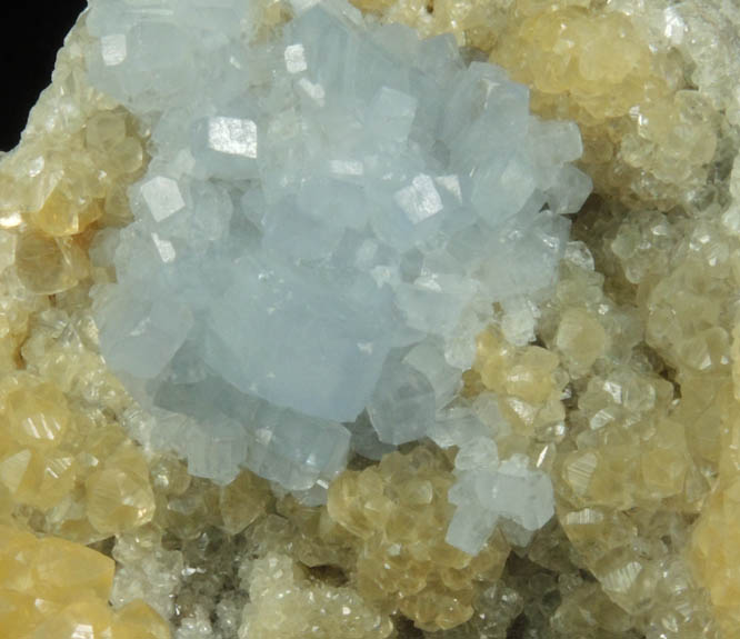 Celestine on Calcite from Meckley's Quarry, 1.2 km south of Mandata, Northumberland County, Pennsylvania