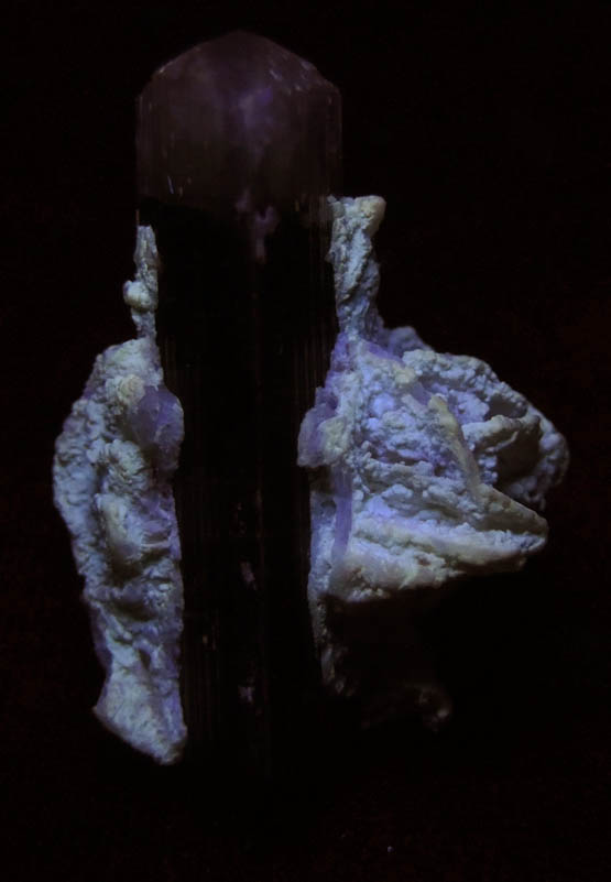 Photo below under shortwave ultraviolet illumination of Elbaite Tourmaline with Albite var. Cleavelandite from Paprok, Kamdesh District, Nuristan Province, Afghanistan Elbaite Tourmaline with Albite var. Cleavelandite from Paprok, Kamdesh District, Nuristan Province, Afghanistan