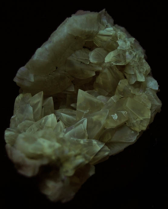 Photo below under shortwave ultraviolet illumination of Calcite in fossilized clam from Ruck's Pit Quarry, Fort Drum, Okeechobee County, Florida Calcite in fossilized clam from Ruck's Pit Quarry, Fort Drum, Okeechobee County, Florida