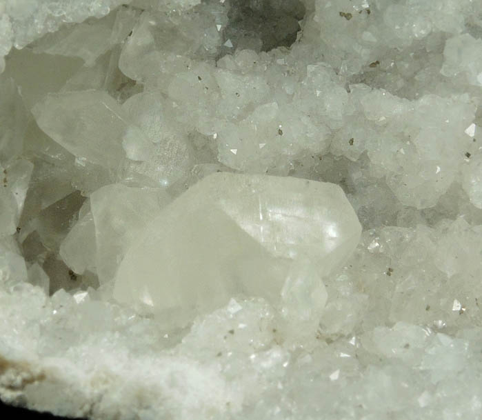 Calcite and Pyrite in Quartz Geode from Sheffler's Geode Mine, Alexandria, Clark County, Missouri