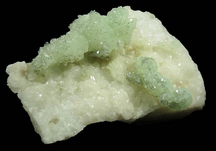 Apophyllite and Pyrite on Prehnite over Datolite from Millington Quarry, Bernards Township, Somerset County, New Jersey