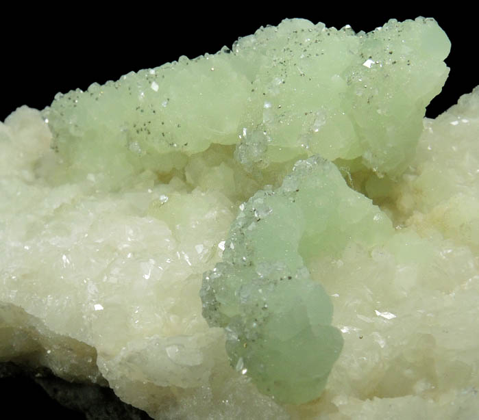 Apophyllite and Pyrite on Prehnite over Datolite from Millington Quarry, Bernards Township, Somerset County, New Jersey