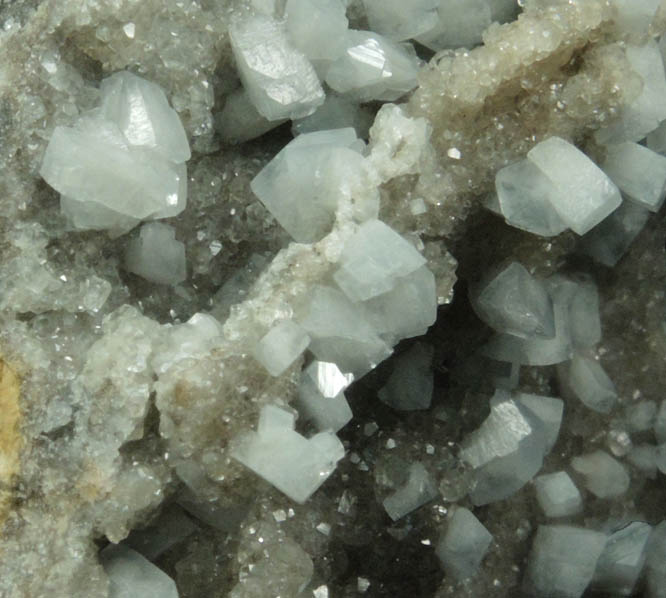 Celestine on Calcite from Meckley's Quarry, 1.2 km south of Mandata, Northumberland County, Pennsylvania