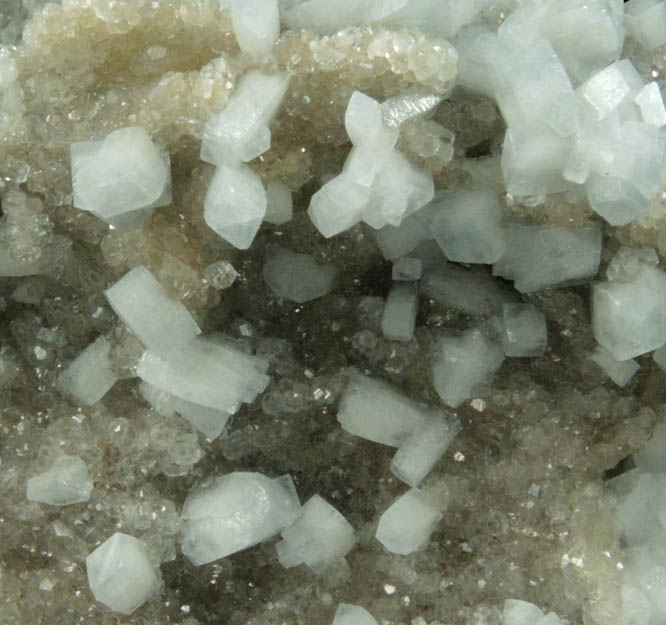 Celestine on Calcite from Meckley's Quarry, 1.2 km south of Mandata, Northumberland County, Pennsylvania