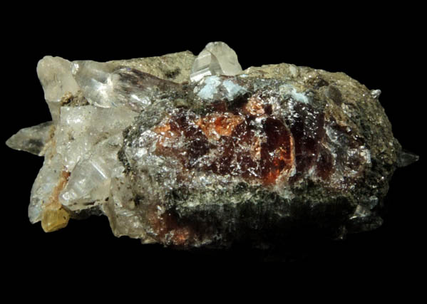 Quartz (Tessin habit and reverse-scepters) on Almandine with Magnesite from Becker Quarry, West Willington, Tolland County, Connecticut