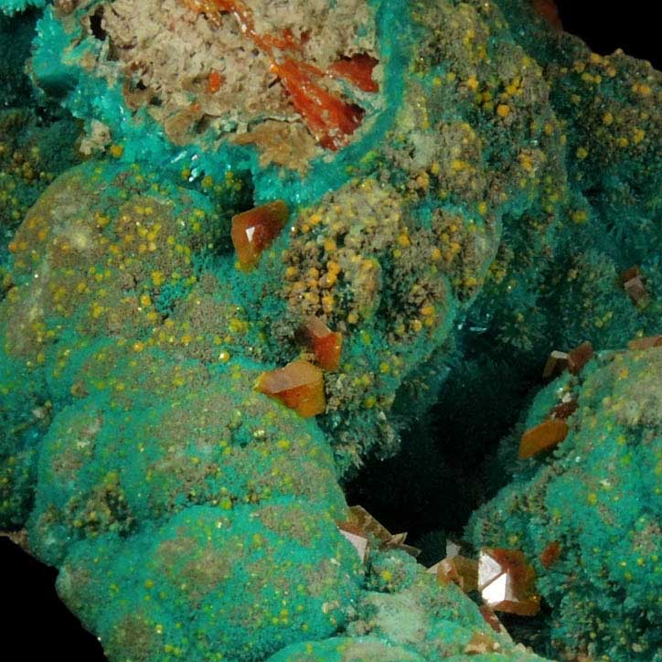 Wulfenite, Dioptase, Mimetite, Willemite from Mammoth Mine, Tiger, Mammoth District, Pinal County, Arizona