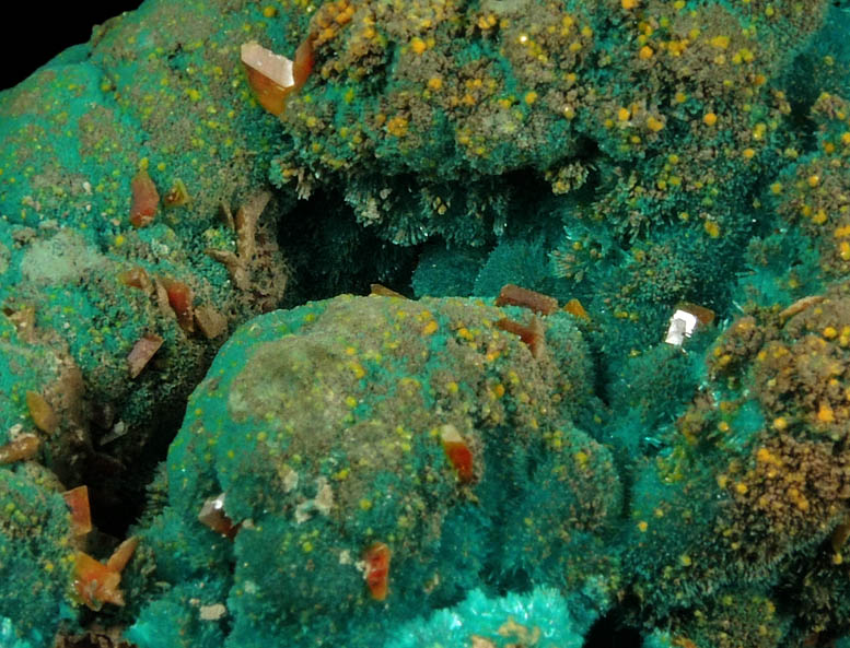 Wulfenite, Dioptase, Mimetite, Willemite from Mammoth Mine, Tiger, Mammoth District, Pinal County, Arizona