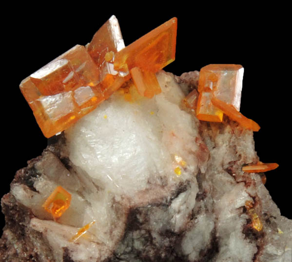 Wulfenite and Quartz on Barite from Rowley Mine, 20 km northwest of Theba, Painted Rock Mountains, Maricopa County, Arizona