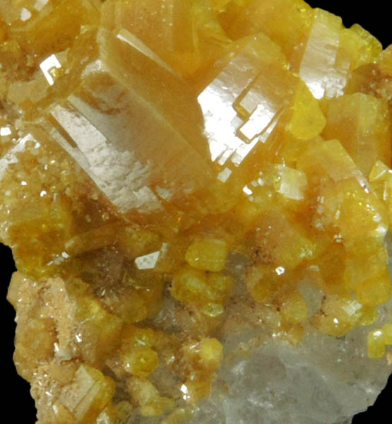 Pyromorphite over Calcite from Bunker Hill Mine, 9th Level, Jersey Vein, Coeur d'Alene District, Shoshone County, Idaho