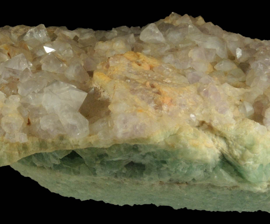 Quartz var. Amethystine on Fluorite from Unaweep Canyon, 23.5 km south of Grand Junction, Mesa County, Colorado