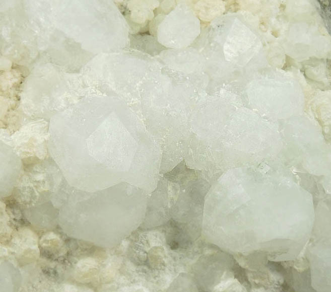 Analcime and Prehnite on Calcite coated with Thaumasite from Upper New Street Quarry, Paterson, Passaic County, New Jersey