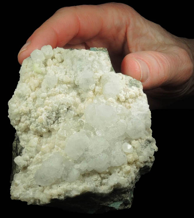 Analcime and Prehnite on Calcite coated with Thaumasite from Upper New Street Quarry, Paterson, Passaic County, New Jersey