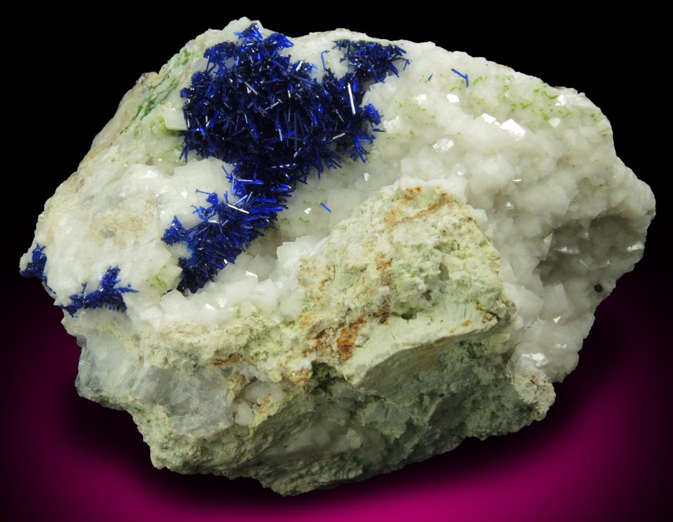Azurite on Calcite with minor Duftite from Tsumeb Mine, Otavi-Bergland District, Oshikoto, Namibia (Type Locality for Duftite)