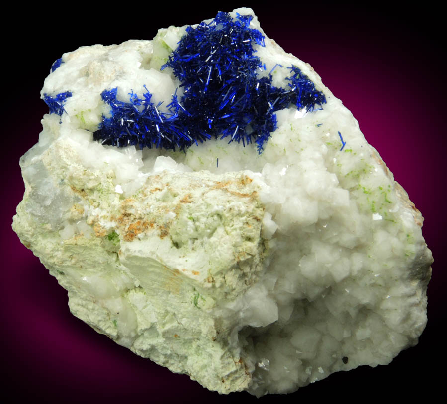 Azurite on Calcite with minor Duftite from Tsumeb Mine, Otavi-Bergland District, Oshikoto, Namibia (Type Locality for Duftite)