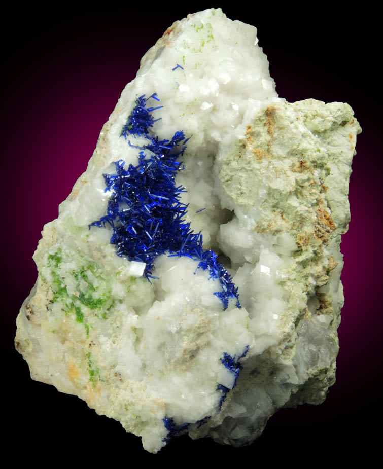 Azurite on Calcite with minor Duftite from Tsumeb Mine, Otavi-Bergland District, Oshikoto, Namibia (Type Locality for Duftite)