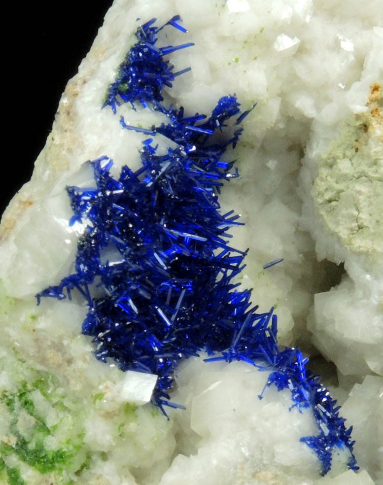 Azurite on Calcite with minor Duftite from Tsumeb Mine, Otavi-Bergland District, Oshikoto, Namibia (Type Locality for Duftite)