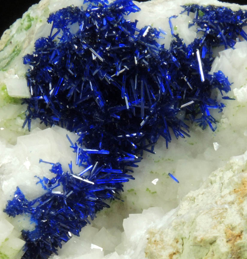 Azurite on Calcite with minor Duftite from Tsumeb Mine, Otavi-Bergland District, Oshikoto, Namibia (Type Locality for Duftite)