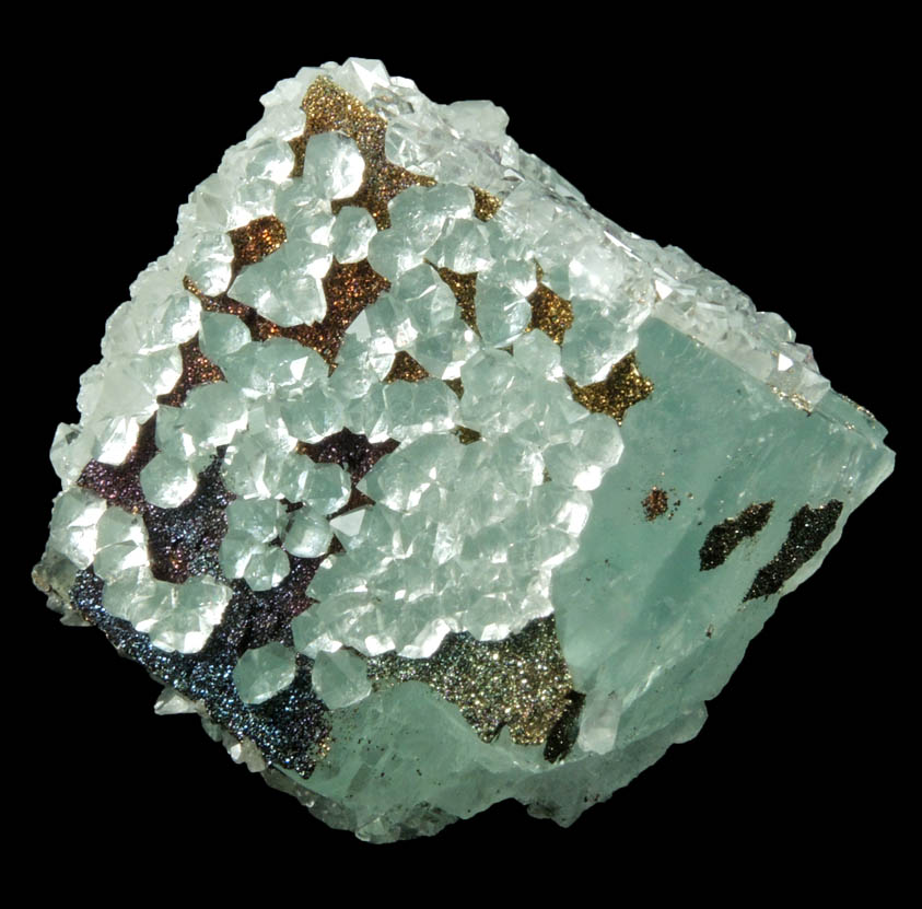 Quartz and Pyrite over Fluorite from Samine Fluorite Mine, Djebel el Hammam, 44 km southwest of Meknes, Morocco