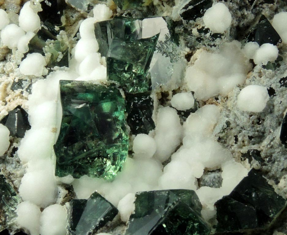Fluorite interpenetrant-twinned crystals with Aragonite from Diana Maria Mine, Queen of Green Pocket, Frosterley, County Durham, England