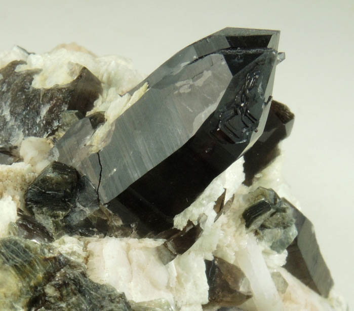 Quartz var. Smoky Quartz on Microcline with Muscovite from Moat Mountain, Oliver Diggings, Hale's Location, west of North Conway, Carroll County, New Hampshire