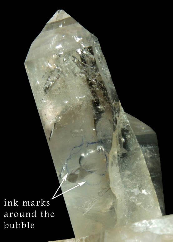 Quartz with moveable internal bubble (Enhydro) from Biedell Creek Quartz Prospects, Crystal Hill, 12.5 km northwest of La Garita, Saguache County, Colorado