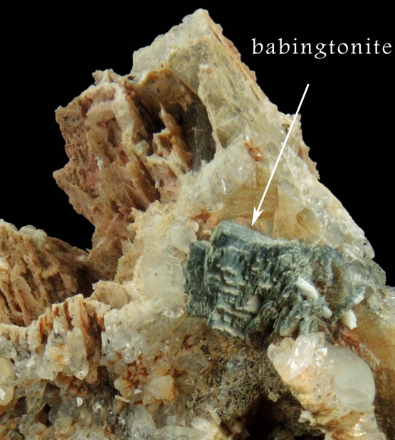 Quartz pseudomorphs after Anhydrite with Babingtonite and Stilbite from Prospect Park Quarry, Prospect Park, Passaic County, New Jersey