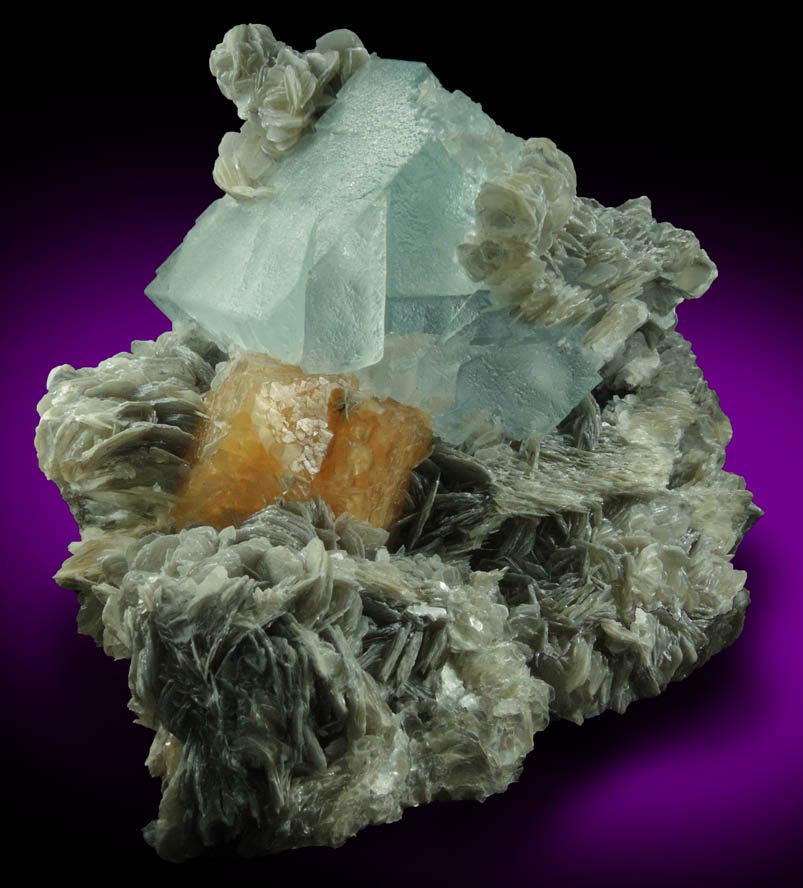 Scheelite and Fluorite on Muscovite from Xuebaoding Mountain, near Pingwu, Sichuan Province, China