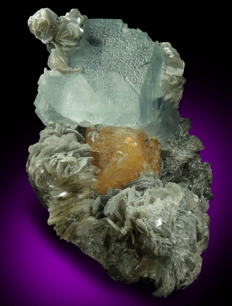 Scheelite and Fluorite on Muscovite from Xuebaoding Mountain, near Pingwu, Sichuan Province, China