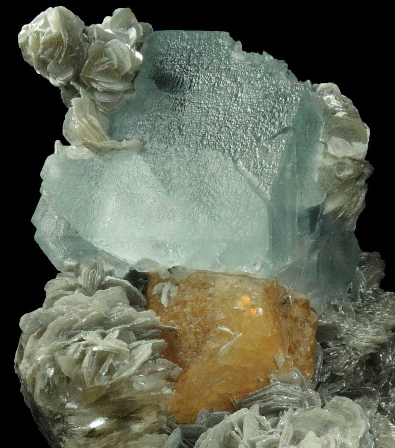 Scheelite and Fluorite on Muscovite from Xuebaoding Mountain, near Pingwu, Sichuan Province, China
