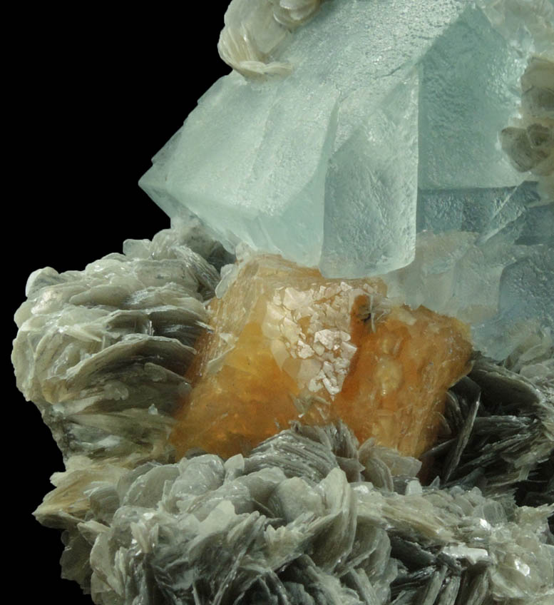 Scheelite and Fluorite on Muscovite from Xuebaoding Mountain, near Pingwu, Sichuan Province, China