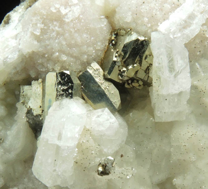 Apophyllite and Pyrite over Datolite from Millington Quarry, State Pit, Bernards Township, Somerset County, New Jersey