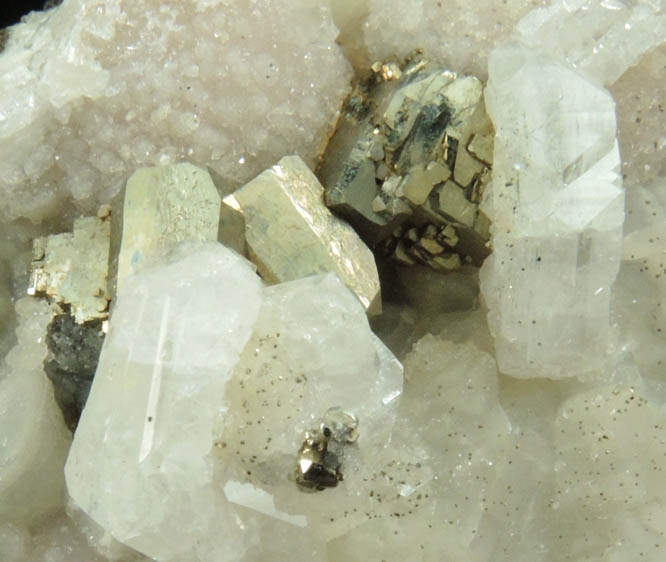 Apophyllite and Pyrite over Datolite from Millington Quarry, State Pit, Bernards Township, Somerset County, New Jersey