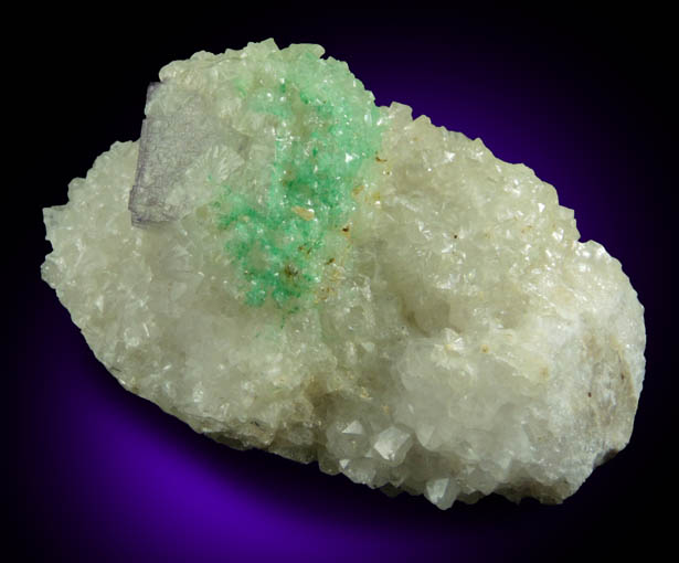 Calcite with Brochantite inclusions over Fluorite from Ora Mine, Hansonburg District, 8.5 km south of Bingham, Socorro County, New Mexico