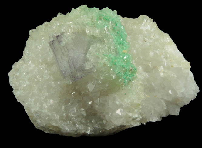 Calcite with Brochantite inclusions over Fluorite from Ora Mine, Hansonburg District, 8.5 km south of Bingham, Socorro County, New Mexico