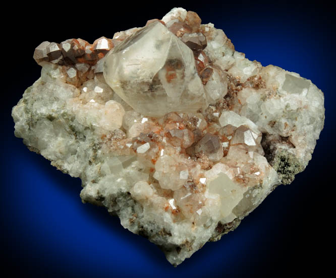 Calcite on Analcime with Hematite coating from Croft Roadstone Quarry, Croft, Leicestershire, England