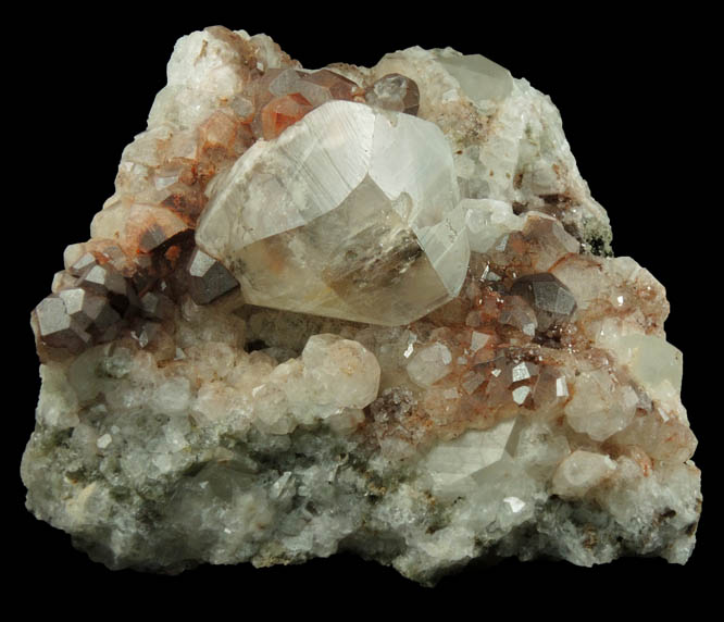 Calcite on Analcime with Hematite coating from Croft Roadstone Quarry, Croft, Leicestershire, England